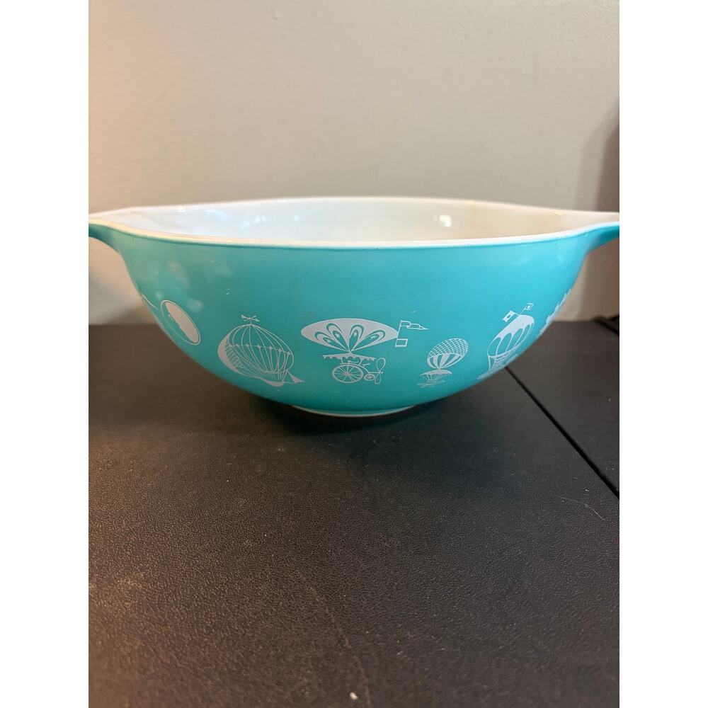 1958 Pyrex #444 Cinderella Bowl 4 Qt Turquoise Hot Air Balloons MCM